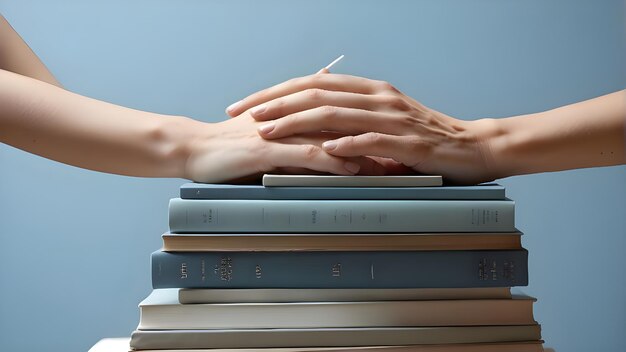 a stack of books with a pencil on top of them