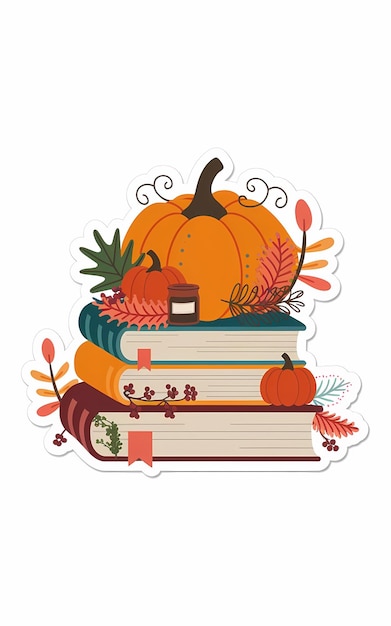 Photo stack of books with pumpkins and autumn leaves