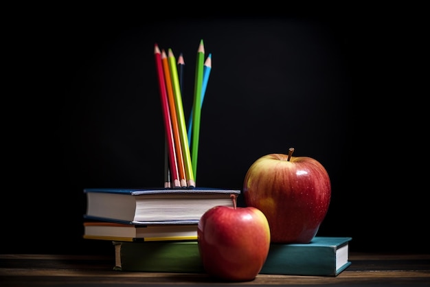 A stack of books with a red apple on top of it.