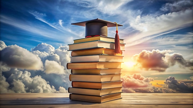 a stack of books with the sun behind them