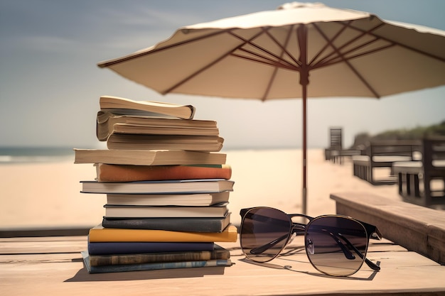 A stack of books with sunglasses on a table next to a beach umbrella.