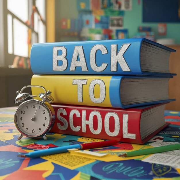 Photo a stack of books with the words back to school on them