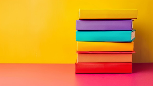 a stack of books with a yellow background with a red background