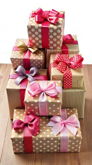 Photo a stack of boxes with a red and white polka dot ribbon