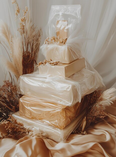 Photo stack of boxes wrapped in plastic on satin fabric