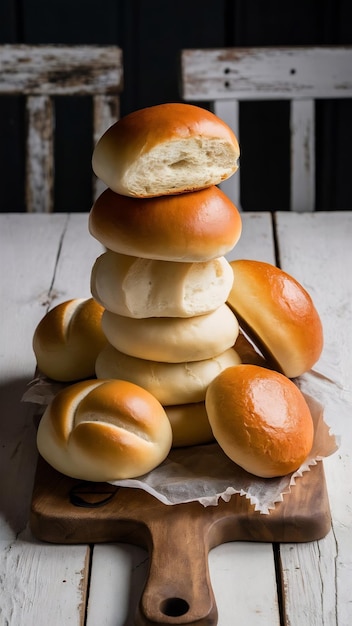 stack of bread buns on wooden cutting board on white wooden table background