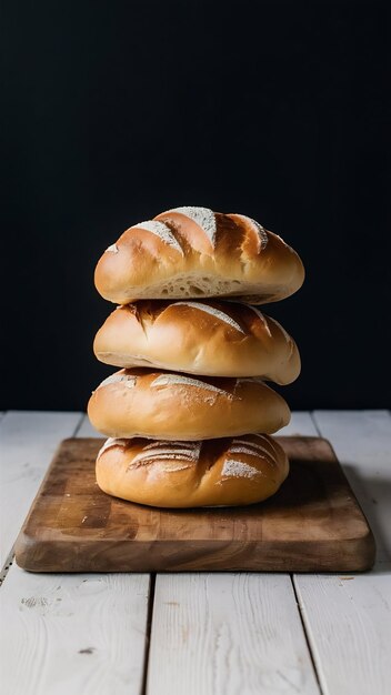 stack of bread buns on wooden cutting board on white wooden table background