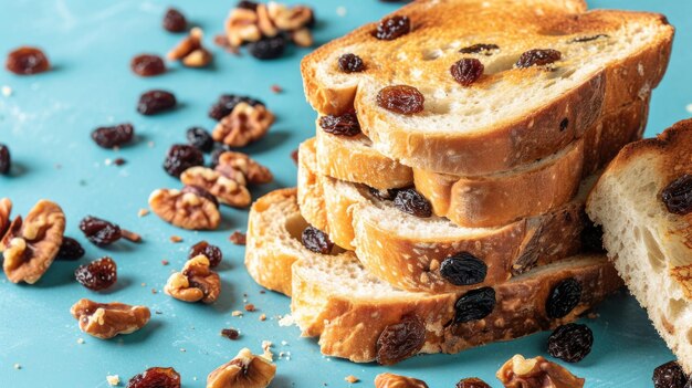 A stack of bread with nuts and raisins on top of a blue table