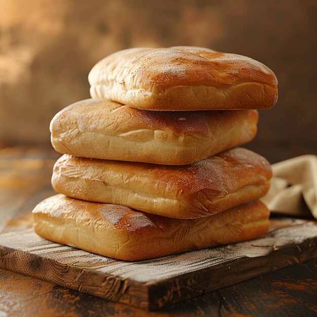 a stack of breads that are stacked on a wooden board