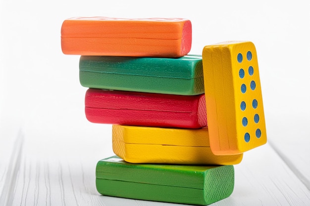 A stack of brightly colored dominoes balanced precariously on a single point on white