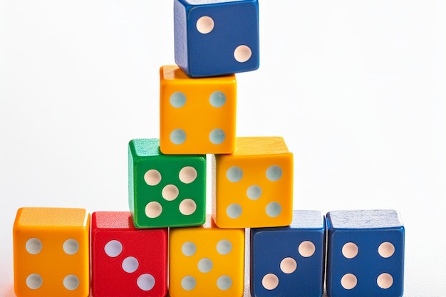 A stack of brightly colored dominoes balanced precariously on a single point on white