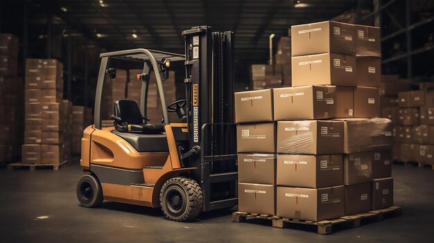 Photo stack of brown box packaging and forklift