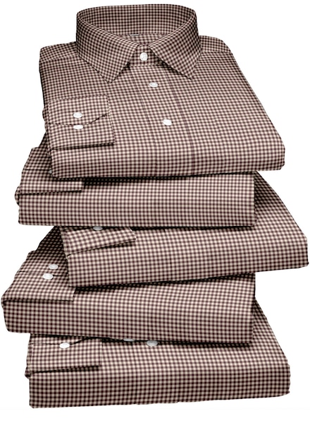 A stack of brown plaid shirts with the word gingham on them