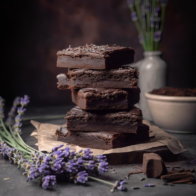 A stack of brownies with lavender flowers in the background.