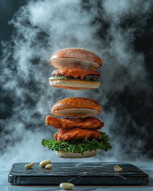 a stack of burgers with a cloud of smoke behind them