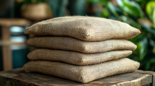 Stack of burlap cushions on wooden table in rustic setting