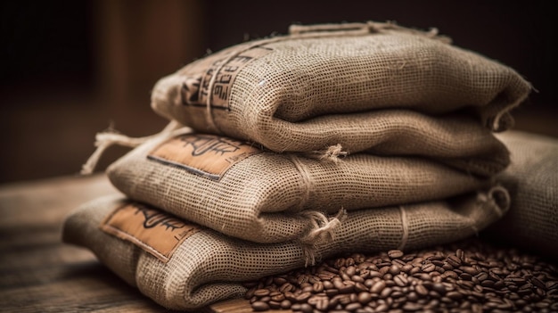 Stack of burlap sacks Colombia coffee