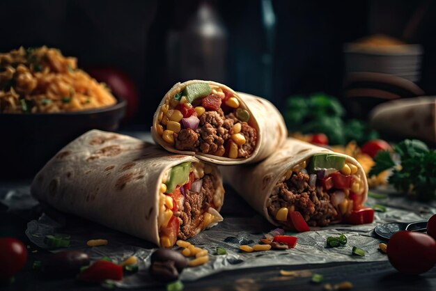 A stack of burritos with one being being made