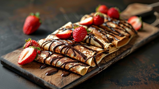 A stack of buttery crepes drizzled with rich chocolate sauce and topped with fresh strawberries