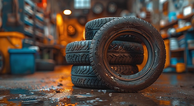 Stack of car tires on a wet workshop floor with a blurred background