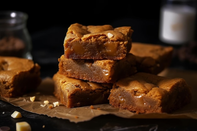 A stack of caramel fudge with a bottle of bourbon behind it