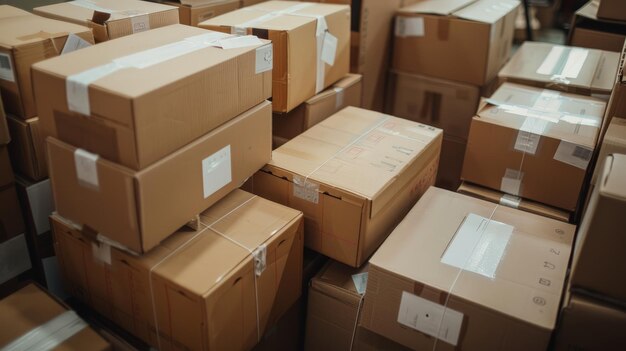 A stack of cardboard boxes labeled with destination addresses awaiting pickup by a courier for delivery to their respective recipients