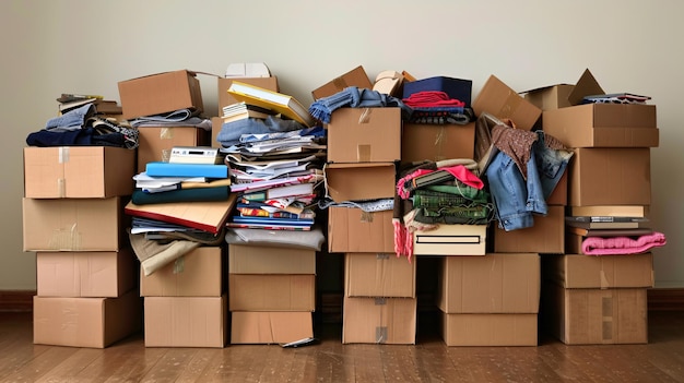 A stack of cardboard boxes overflowing with clothes books and personal