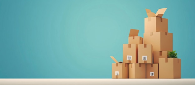 Stack of Cardboard Boxes on White Table Against a Blue Background