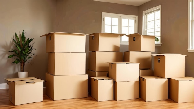 A stack of cardboard boxes with one that says " the word " on the bottom.