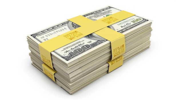 Photo a stack of cash features a neat bundle of hundred dollar bills wrapped in vibrant yellow bands perfect for topics on finance or wealth this image conveys prosperity and money ai