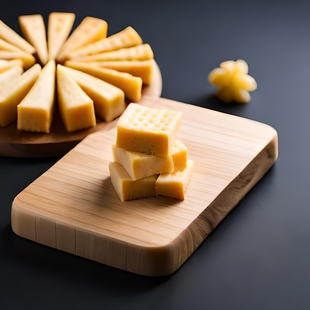 A stack of cheese on a cutting board with a wooden plate on the right.