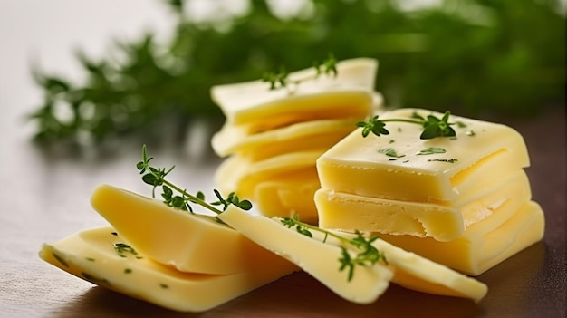 A stack of cheeses with parsley on top