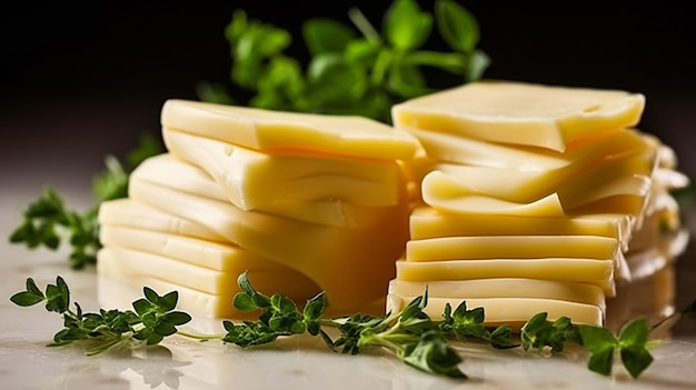 A stack of cheeses with a sprig of parsley on top.