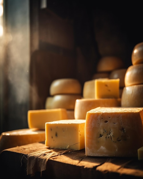 A stack of cheeses on a wooden table.