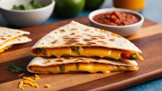 Photo a stack of cheesy quesadillas on a wooden board perfect for sharing