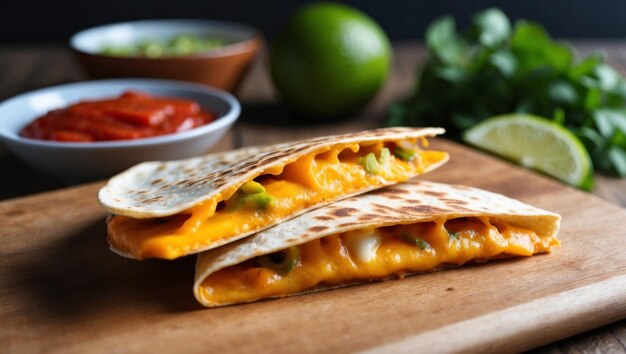 Photo a stack of cheesy quesadillas on a wooden board perfect for sharing