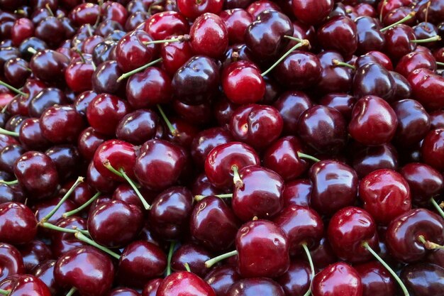 Stack of cherries on market stall