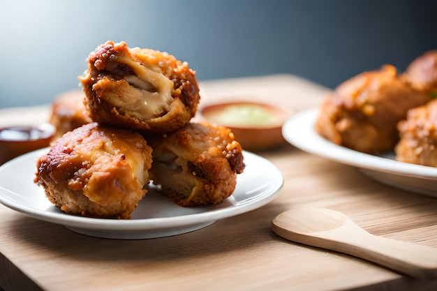 A stack of chicken nuggets on a plate with a wooden spoon