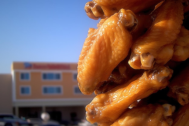 Photo a stack of chicken wings is shown with a building in the background