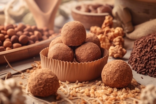 A stack of chocolate balls on a table with a bowl of nuts and nuts on the table.