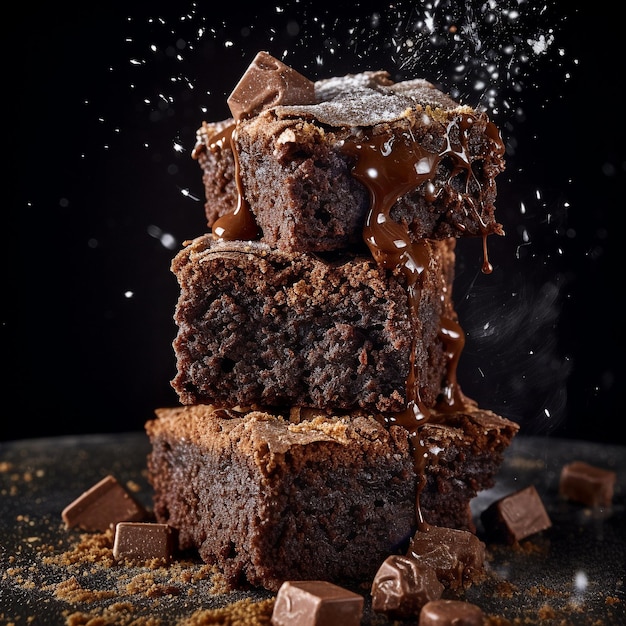 A stack of chocolate brownies with caramels sprinkled on top.