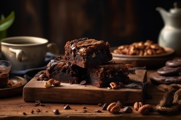 A stack of chocolate brownies with a white bowl of nuts on the side.