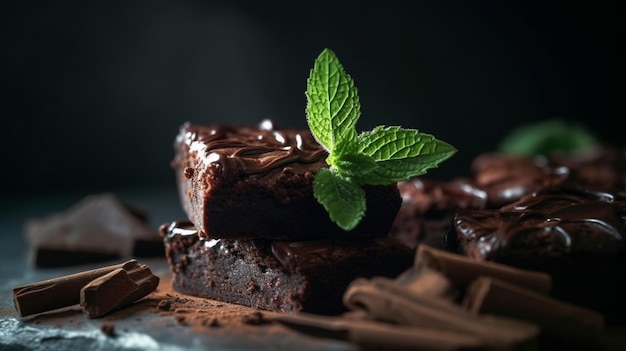 A stack of chocolate brownies on wooden background with mint leaf on top homemade bakery and dessert