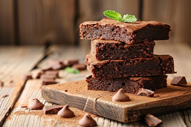 A stack of chocolate brownies on wooden surface with mint leaf on top