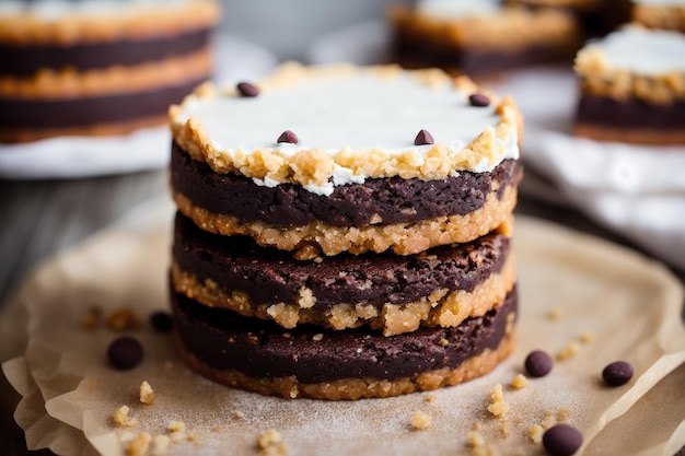 A stack of chocolate cake with a chocolate chip cookie crust.