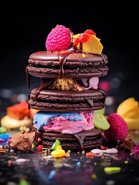 a stack of chocolate cake with colorful flowers on top.