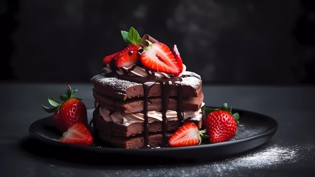 A stack of chocolate cake with strawberries on top