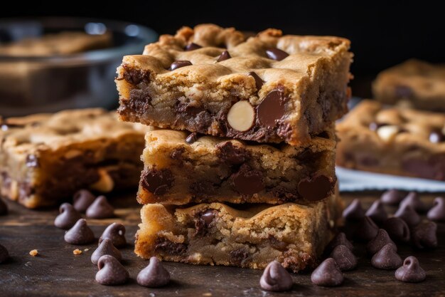 A stack of chocolate chip cookie bars with one that says chocolate chip on it.