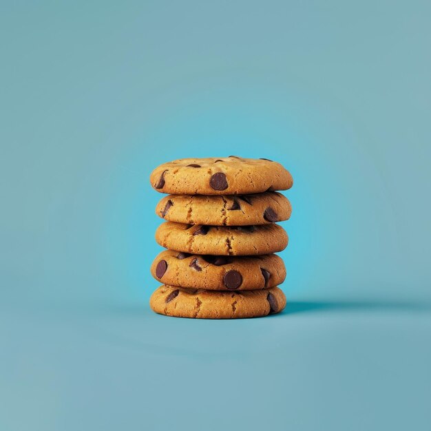 Photo stack of chocolate chip cookies on blue background