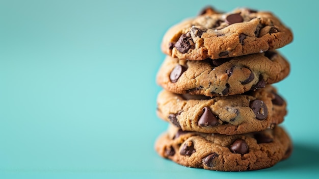 Stack of Chocolate Chip Cookies on Blue Background